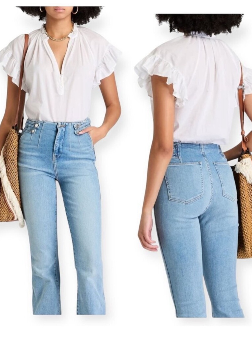 Veronica Beard “Milly” White Ruffle-Sleeve V-Neck Buttoned Top